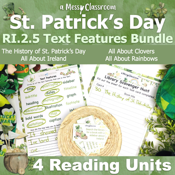 Preview of St. Patricks Day Ireland Clovers Rainbows Mega Reading Unit RI.2.5 Text Features