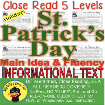 Preview of St Patricks Day LEVELED PASSAGES Common Core Main Idea Fluency Check TDQs