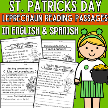 Preview of St Patricks Day Leprechaun Reading Comprehension Passages in English & Spanish