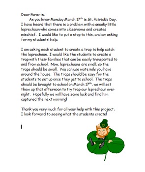 St. Patrick's Day Leprechaun Trap Parent Letter by Angie Koser | TpT