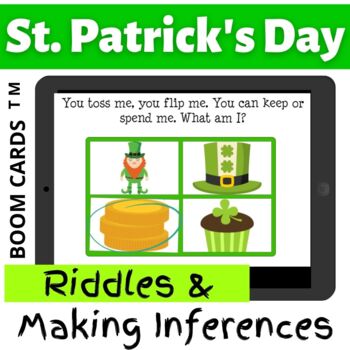 Preview of St Patricks Day Boom Cards MAKING INFERENCES RIDDLES Distance Learning No Print