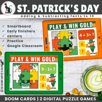 Preview of St Patricks Day Math Boom Cards Adding and Subtracting Facts To 10 Puzzle Games