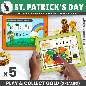 Preview of St Patricks Day Math Boom Cards Multiplication Facts x5 | 2 Games