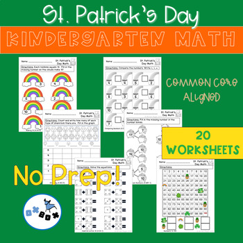 Preview of St. Patricks Day Math Worksheets Kindergarten: Common Core Aligned (NO PREP)