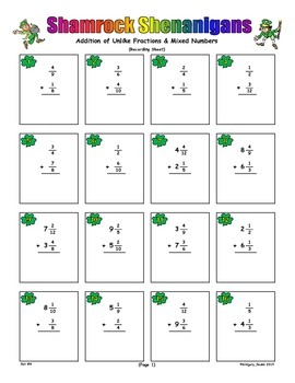 Preview of Shamrock Shenanigans Game Cards (Add & Subtract UNLIKE Fractions) Sets 4, 5, 6