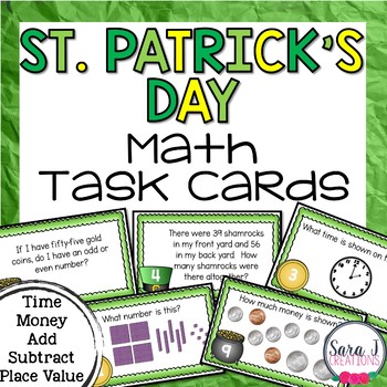 Preview of St. Patrick's Day Math Task Cards Place Value, Time, Money, Story Problems