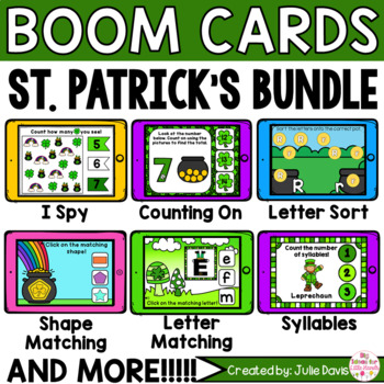 Preview of St Patricks Day Math and Phonics Digital Boom Cards™ Bundle