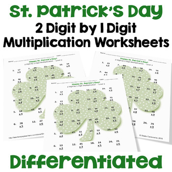 Preview of St. Patrick's Day Math 2 Digit by 1 Digit Multiplication Worksheets