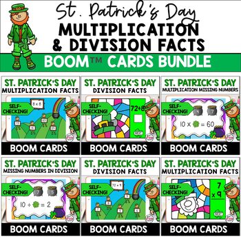 Preview of St Patricks Day Multiplication & Division Fact Fluency Math Boom Cards Bundle
