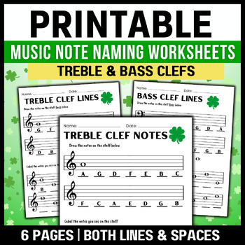 Preview of St Patricks Day Music Note Naming Worksheets [Treble/Bass Clef: Lines/ Spaces]