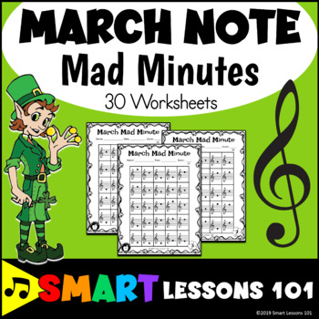 Preview of St. Patricks Day Music Worksheets: Mad Minutes Treble Clef Note Names Worksheets