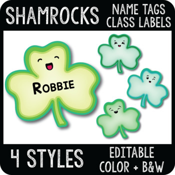 Preview of St Patricks Day Name Tags, Shamrock Classroom Decor, Clovers Printable Labels