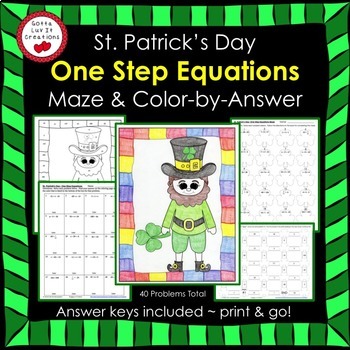 Preview of One Step Equations With Negatives Maze & Color by Number St. Patrick's Day Math