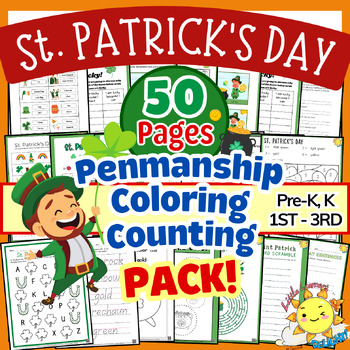 Preview of St Patricks Day Penmanship, Coloring, Counting COMPREHENSIVE ACTIVITIES PACK !!