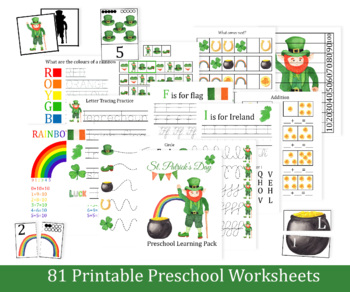Preview of St Patricks Day Preschool Learning Pack, worksheets, montessori materials, math