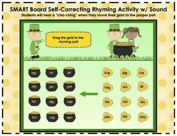 Preview of St. Patrick's Day Rhyming Words SMART Board Self-Checking Activity w/ SOUND