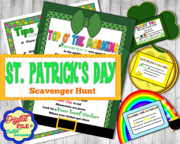Preview of St Patricks Day Scavenger Hunt, Shamrock Reveal Leprechaun Treasure Hunt Clues