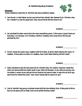 Preview of St. Patrick's Day Math Story Problems - Mixed Applications