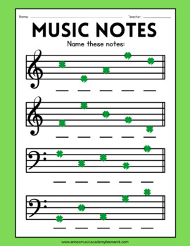 Preview of St Patricks Day Theme Music Note Identification Worksheet For Beginners