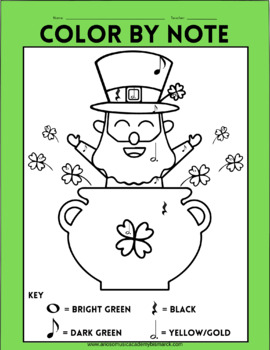 Preview of St Patricks Day Themed Music Theory Worksheet Color By Note - Leprechaun