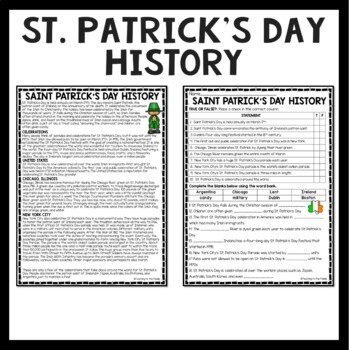 Saint Patrick's Day Reading Comprehension Worksheet, history, symbols