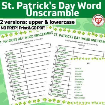 Preview of OT St. Patricks Day word unscramble worksheets: upper & lowercase pages NO PREP