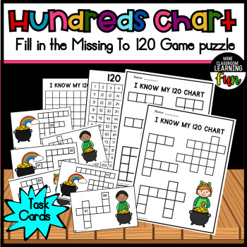 Preview of Hundreds Chart Missing Number Puzzles  Task Cards Chart 120, Themed St Patricks