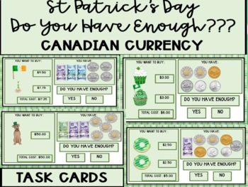 Preview of St Patricks Life Skill Determining Sufficient Funds Canadian $$ Task Cards