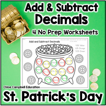 Preview of Adding & Subtracting Decimals Color by Number St. Patrick's Day Math Worksheets