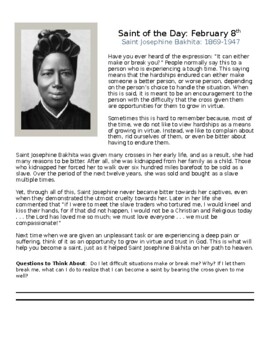 Preview of St. St. Josephine Bakhita Saint of the Day Worksheet