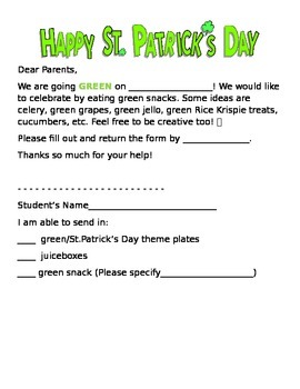Preview of St.Patrick's Day Snack Letter