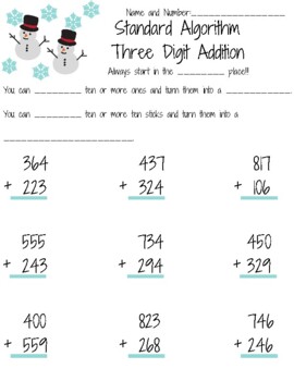 Stack and Add (Standard Alogrithm) Three Digit Addition by Libby Rose