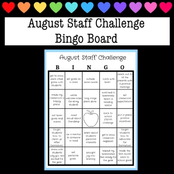Preview of August Teacher Bingo Board - School Culture, Self-Care, Classroom Challenge