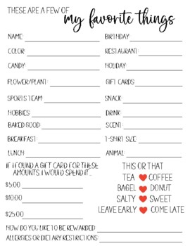 Staff Favorite Things Questionnaire Staff All About Me Survey TPT