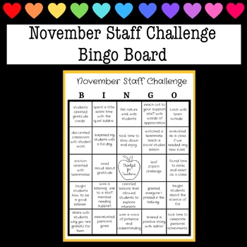 Preview of November Teacher Bingo Board - School Culture, Self-Care, Classroom Challenge