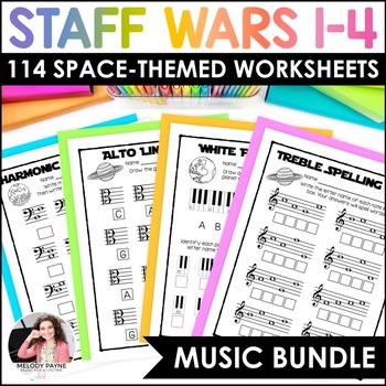 Preview of Staff Wars Space-Themed Music Worksheets BUNDLE for Piano Lessons & Music Class