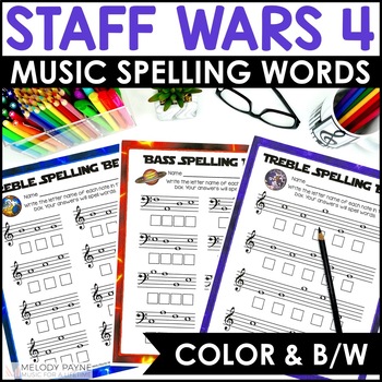 Preview of Music Spelling Bee Worksheets: Staff Wars Space-Themed Treble & Bass Clef Pages