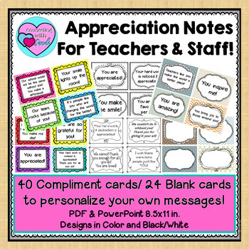 Preview of Staff and Teacher Appreciation Notes 40 Compliment Cards & 24 Editable Cards
