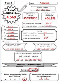 stage 5 8 number and decimal of the day worksheets and answers by matthew budd