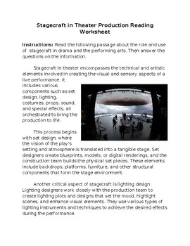 Preview of Stagecraft in Theater & Performing Arts Reading Worksheet **Editable**
