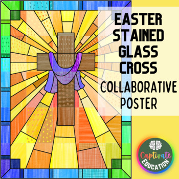 Preview of Stained Glass Cross Collaborative Poster Christian Easter Activity Coloring Lent