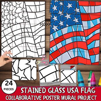 Preview of Stained Glass Usa Flag Collaborative Poster Mural Project |Memorial Day Activity