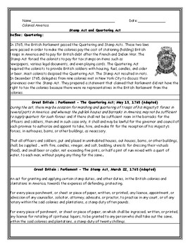 Preview of Stamp Act and Quartering Act Worksheet with Answer Key