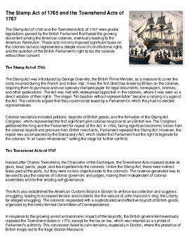 Stamp Act of 1765 & Townshend Acts of 1767 Reading Summary and Questions