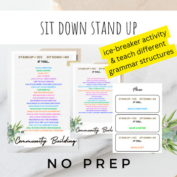 Preview of Stand up Sit down ice breaker activity - back to school community building