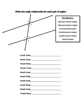 Preview of Angles formed by parallel lines cut by a transversal vocabulary worksheet