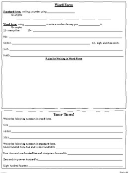 Standard Form, Word Form, Expanded Form and Expanded Notation Notes