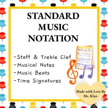 Preview of Standard Music Notation Worksheet: Music Notes, Signs, Symbols, Beats