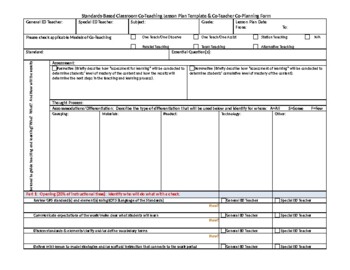 Preview of Standards-Based Classroom Co-Teaching: Lesson Plan Template& Co-planning Form