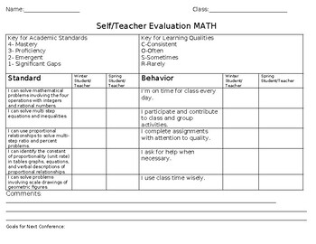 Preview of Standards Based Conference Self-Evaluation Math